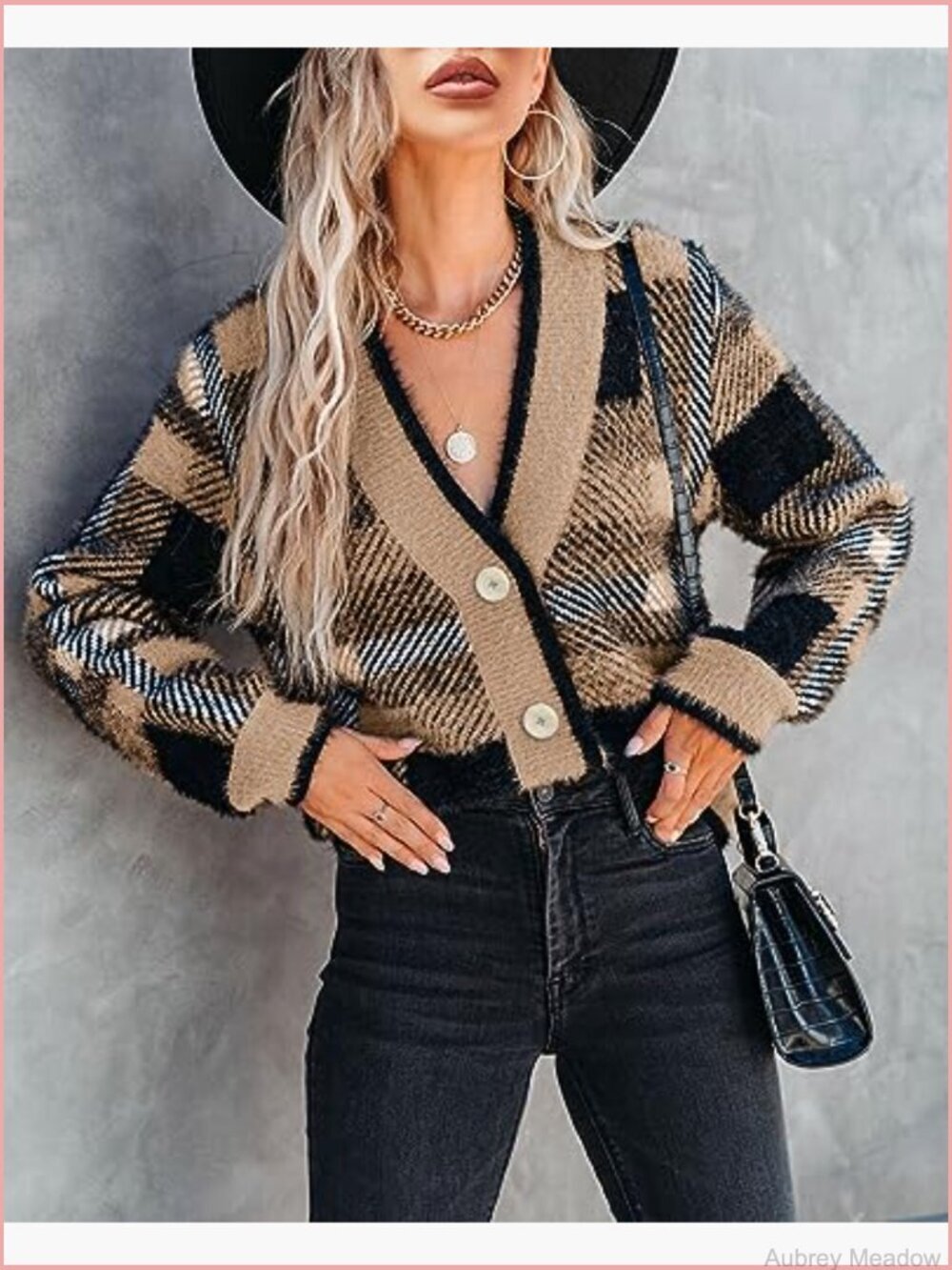 Plaid Fuzzy Knit V-Neck Button Down Cardigan Sweater Cozy Long Sleeve - Picture 2 of 7